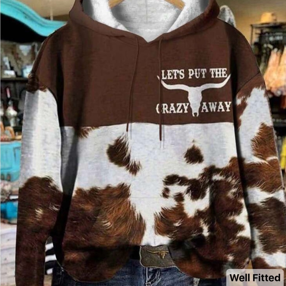 SHEIN Brown and White Cow Print Hoodie